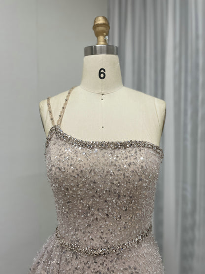 Shimmer Beaded Nude Pink Mermaid Spaghetti Strap Formal Gown MY30121
