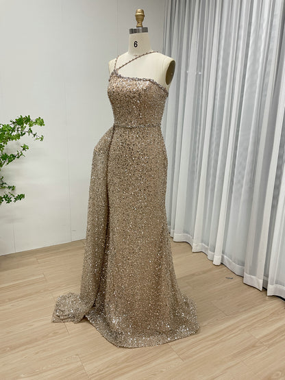 Shimmer Beaded Nude Pink Mermaid Spaghetti Strap Formal Gown MY30121