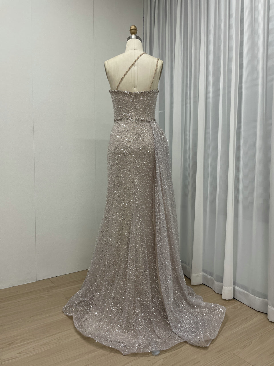 Shimmer Beaded Nude Pink Mermaid Spaghetti Strap Formal Gown MY30121