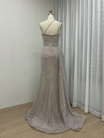 Shimmer Beaded Nude Pink Mermaid Spaghetti Strap Formal Gown MY30121