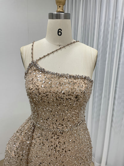 Shimmer Beaded Nude Pink Mermaid Spaghetti Strap Formal Gown MY30121