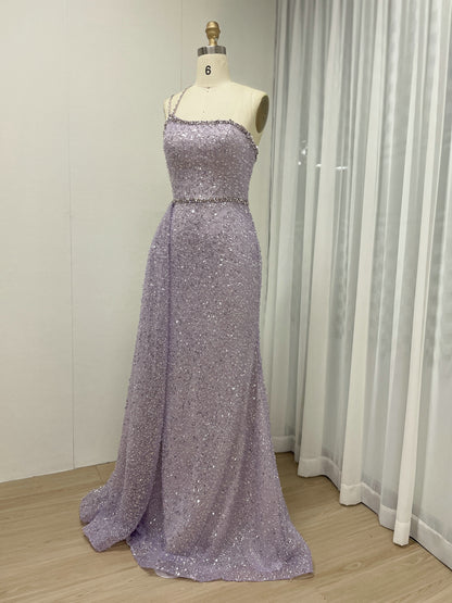Shimmer Beaded Nude Pink Mermaid Spaghetti Strap Formal Gown MY30121