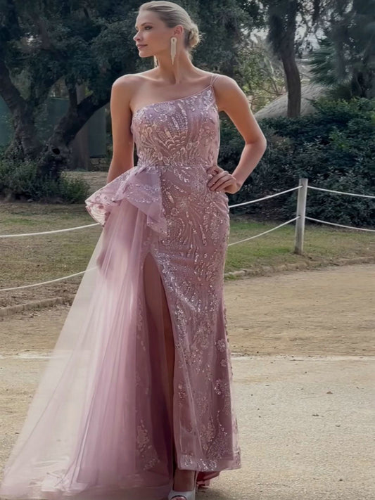 Pink Beaded Asymmetric Ruffle Slit Mermaid Formal Pageant Dress MY30123