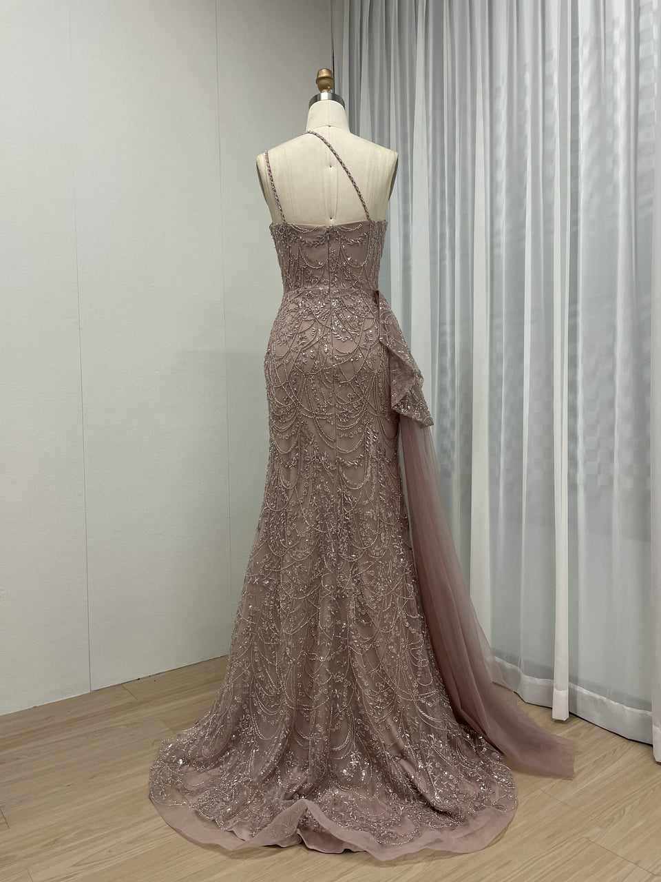 Pink Beaded Asymmetric Ruffle Slit Mermaid Formal Pageant Dress MY30123