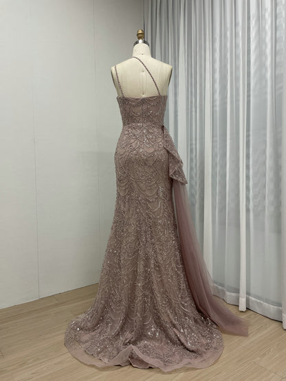 Pink Beaded Asymmetric Ruffle Slit Mermaid Formal Pageant Dress MY30123
