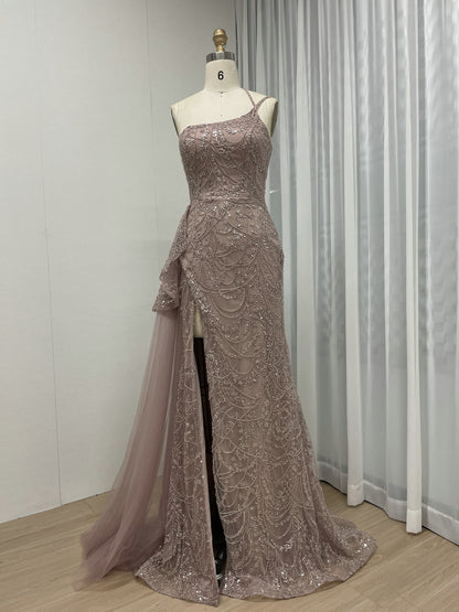 Pink Beaded Asymmetric Ruffle Slit Mermaid Formal Pageant Dress MY30123