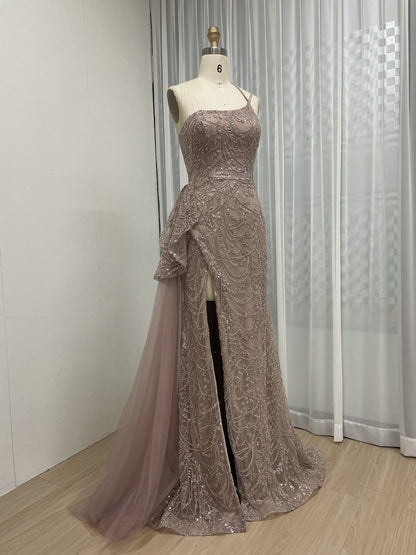Pink Beaded Asymmetric Ruffle Slit Mermaid Formal Pageant Dress MY30123