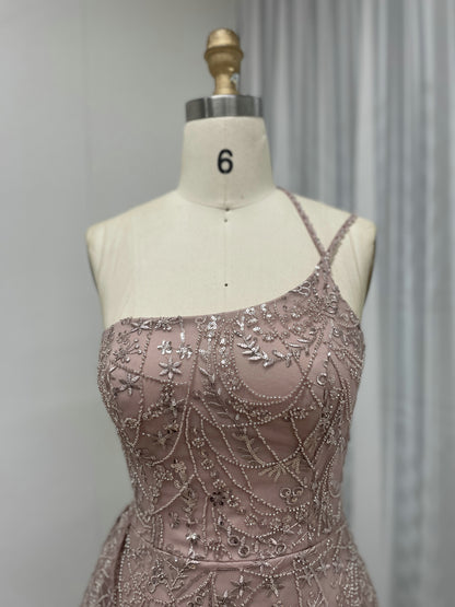 Pink Beaded Asymmetric Ruffle Slit Mermaid Formal Pageant Dress MY30123