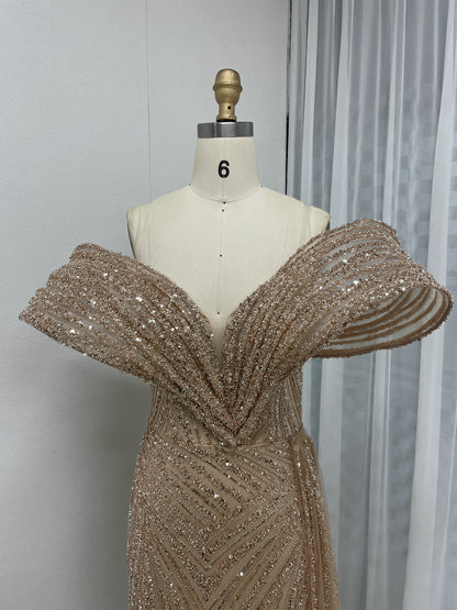 Gold Off-Shoulder Sequin Dress Ruffle Train Prom Gala Wear MY30125B
