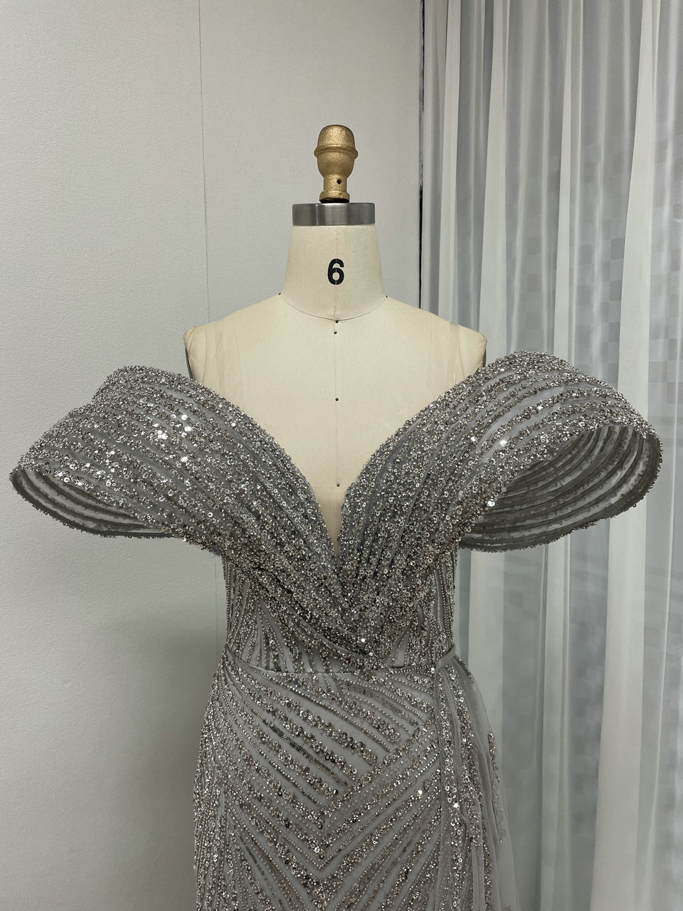 Gold Off-Shoulder Sequin Dress Ruffle Train Prom Gala Wear MY30125B