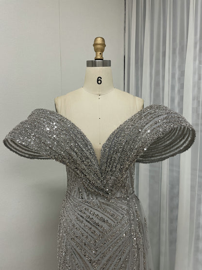 Gold Off-Shoulder Sequin Dress Ruffle Train Prom Gala Wear MY30125B