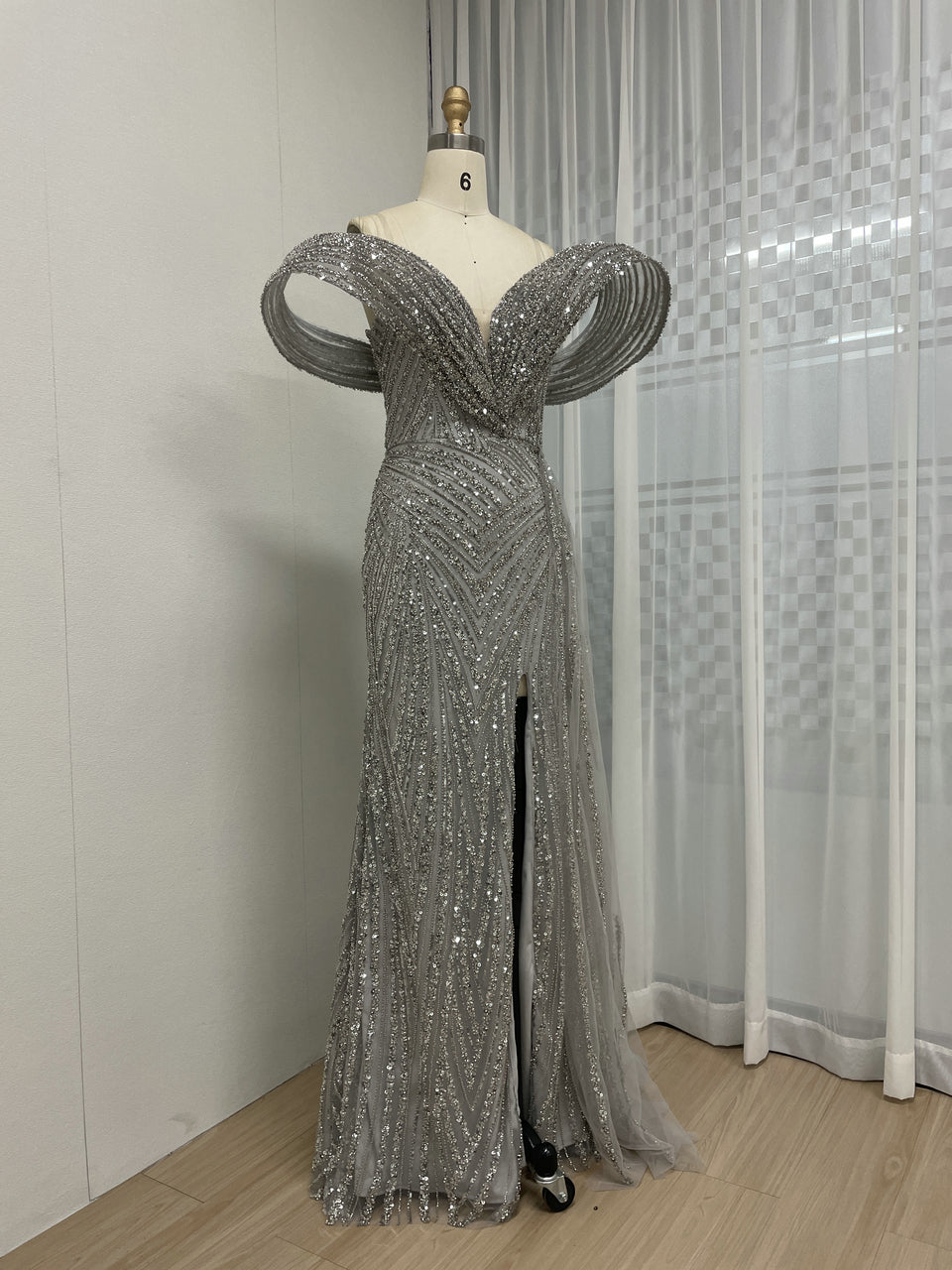 Gold Off-Shoulder Sequin Dress Ruffle Train Prom Gala Wear MY30125B