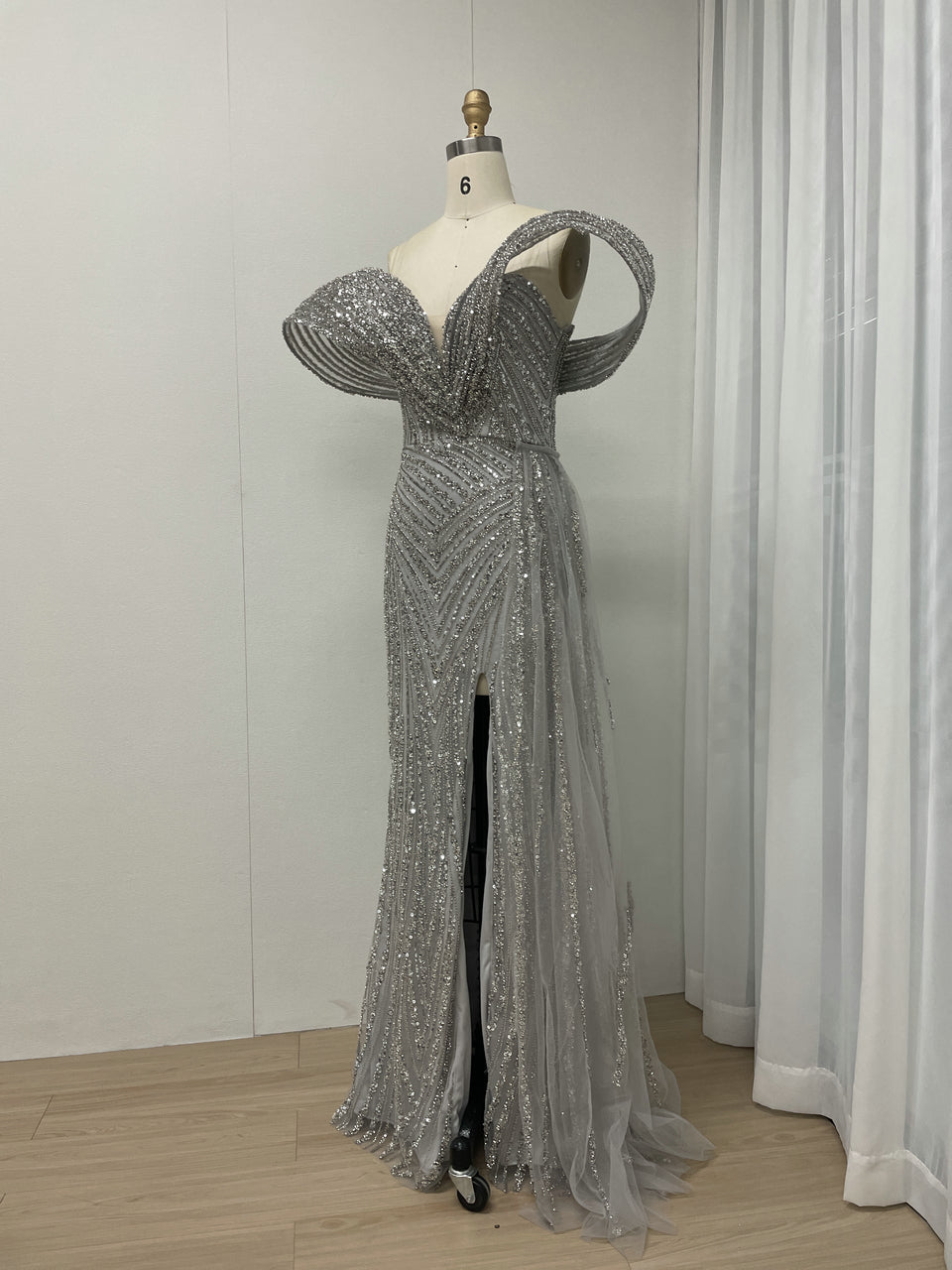 Gold Off-Shoulder Sequin Dress Ruffle Train Prom Gala Wear MY30125B