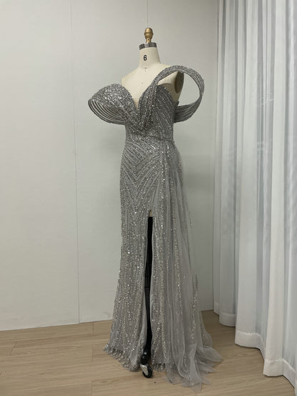 Gold Off-Shoulder Sequin Dress Ruffle Train Prom Gala Wear MY30125B