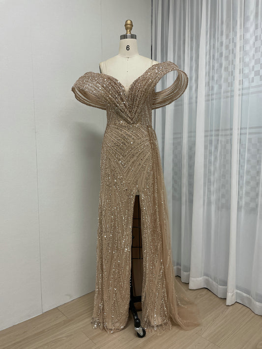 Gold Off-Shoulder Sequin Dress Ruffle Train Prom Gala Wear MY30125B