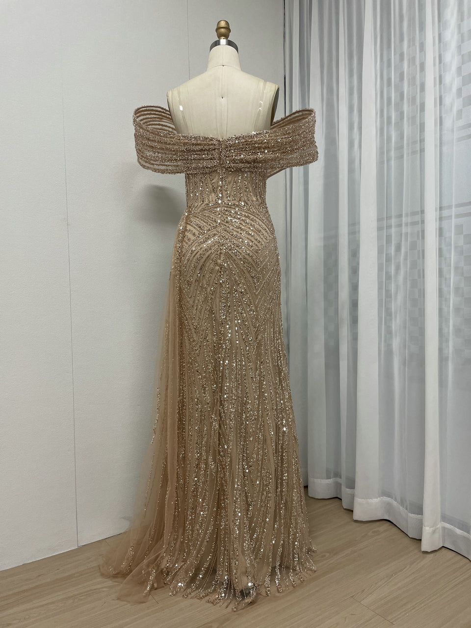 Gold Off-Shoulder Sequin Dress Ruffle Train Prom Gala Wear MY30125B