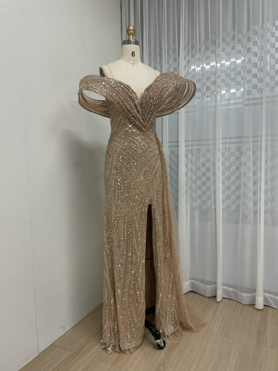 Gold Off-Shoulder Sequin Dress Ruffle Train Prom Gala Wear MY30125B