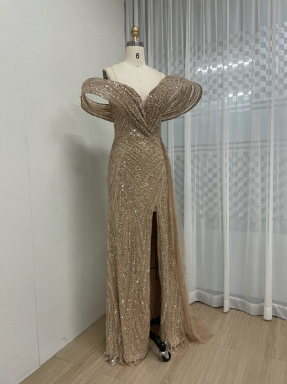 Gold Off-Shoulder Sequin Dress Ruffle Train Prom Gala Wear MY30125B