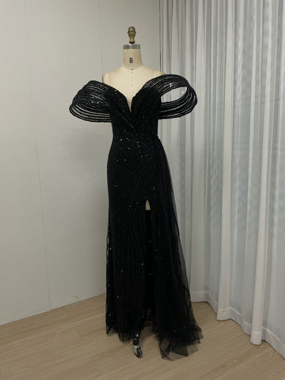 Gold Off-Shoulder Sequin Dress Ruffle Train Prom Gala Wear MY30125B
