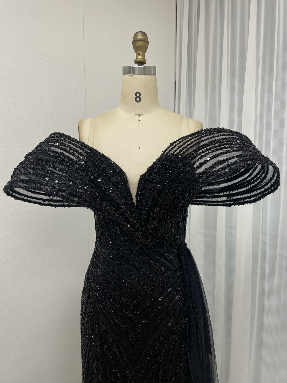 Gold Off-Shoulder Sequin Dress Ruffle Train Prom Gala Wear MY30125B