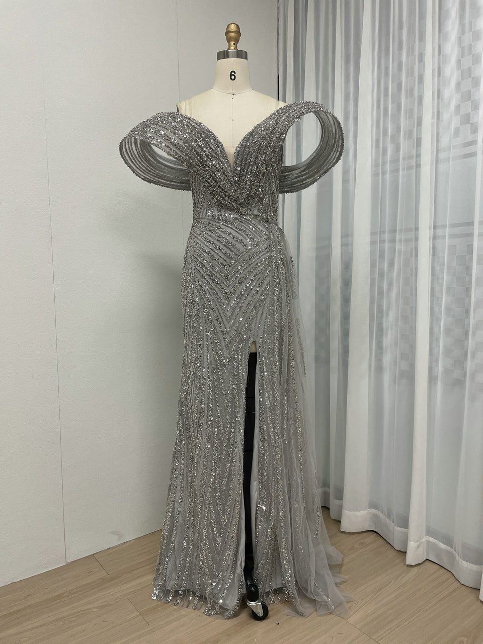 Gold Off-Shoulder Sequin Dress Ruffle Train Prom Gala Wear MY30125B