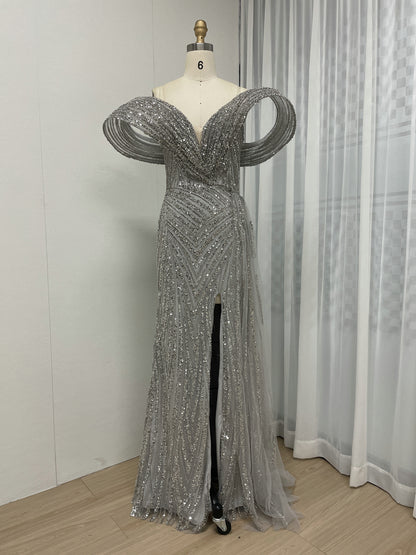 Gold Off-Shoulder Sequin Dress Ruffle Train Prom Gala Wear MY30125B