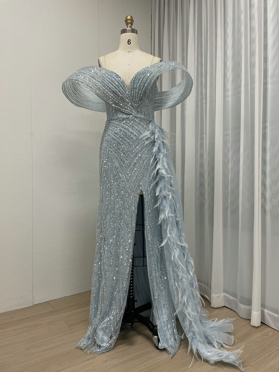 Blue Beaed High Slit Feather Mermaid Prom Evening Gown MY30125