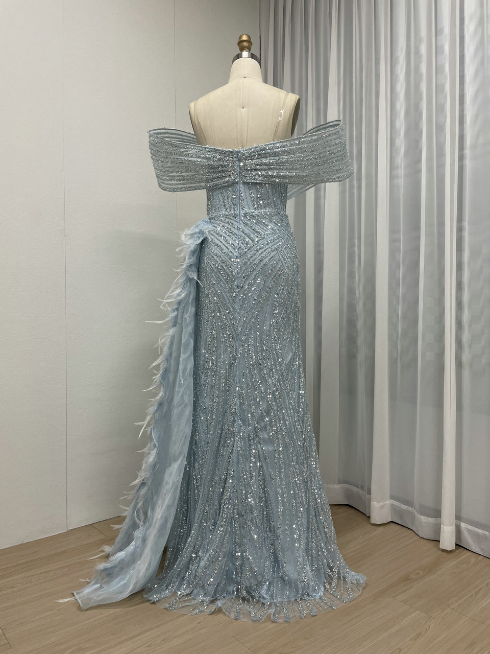 Blue Beaed High Slit Feather Mermaid Prom Evening Gown MY30125