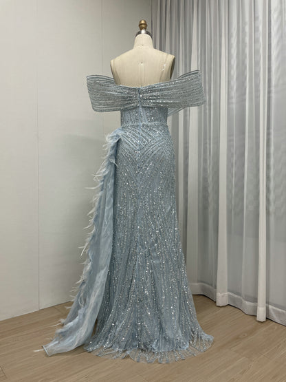 Blue Beaed High Slit Feather Mermaid Prom Evening Gown MY30125