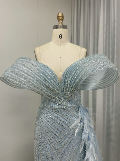 Blue Beaed High Slit Feather Mermaid Prom Evening Gown MY30125