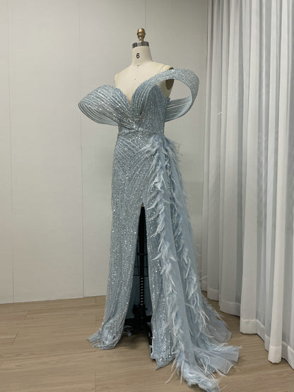 Blue Beaed High Slit Feather Mermaid Prom Evening Gown MY30125