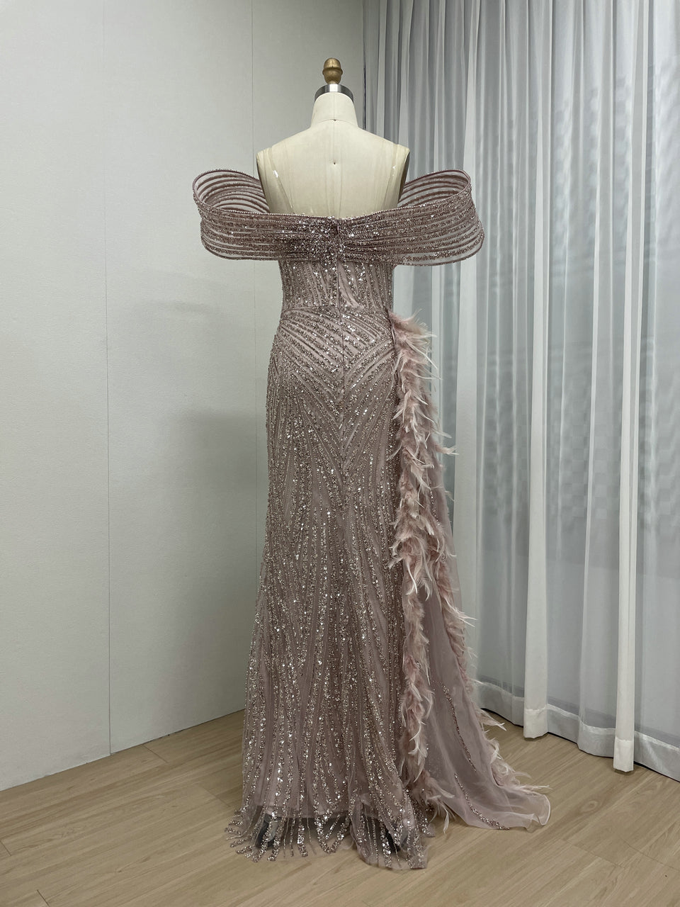 Blue Beaed High Slit Feather Mermaid Prom Evening Gown MY30125