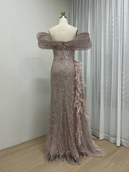 Blue Beaed High Slit Feather Mermaid Prom Evening Gown MY30125