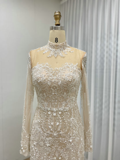 Luxurious Ivory Beaded Gown Long Sleeves High Neck Wedding Style MY30127