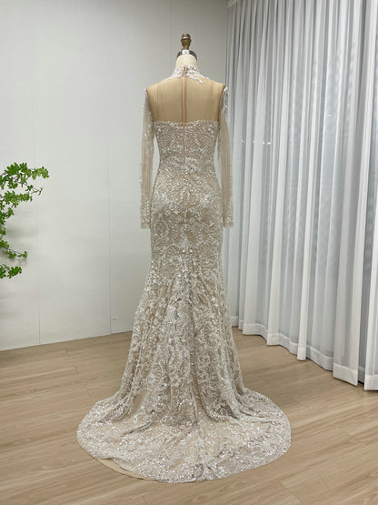 Luxurious Ivory Beaded Gown Long Sleeves High Neck Wedding Style MY30127