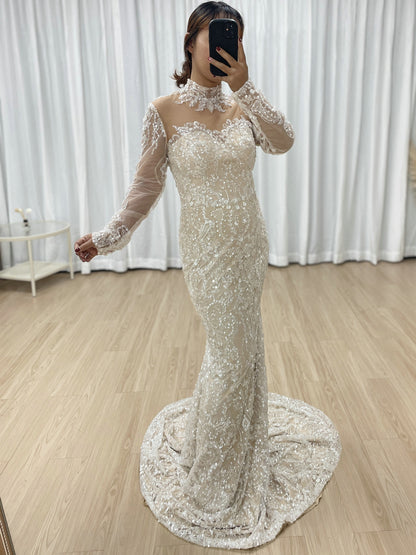 Luxurious Ivory Beaded Gown Long Sleeves High Neck Wedding Style MY30127