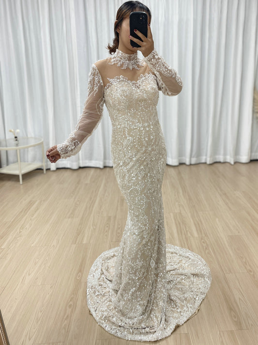 Luxurious Ivory Beaded Gown Long Sleeves High Neck Wedding Style MY30127