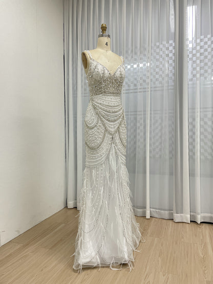 Lavender Spaghetti Strap V-Neck Beaded Mermaid Evening Gown Feather Hem Luxury Pearl Embellished Formal Prom Dress Women MY30128-2