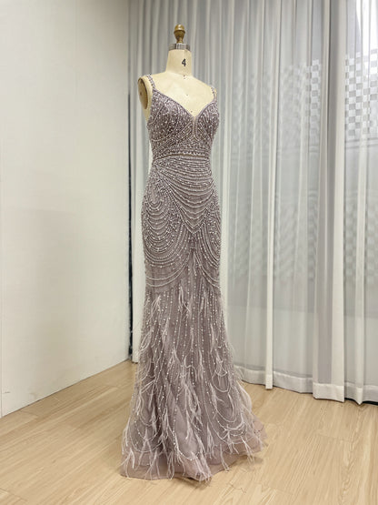 Lavender Spaghetti Strap V-Neck Beaded Mermaid Evening Gown Feather Hem Luxury Pearl Embellished Formal Prom Dress Women MY30128-2