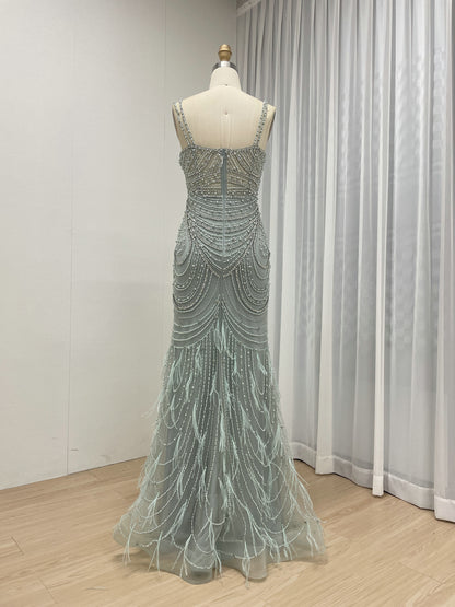 Lavender Spaghetti Strap V-Neck Beaded Mermaid Evening Gown Feather Hem Luxury Pearl Embellished Formal Prom Dress Women MY30128-2