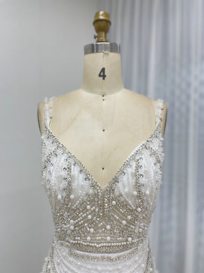 Lavender Spaghetti Strap V-Neck Beaded Mermaid Evening Gown Feather Hem Luxury Pearl Embellished Formal Prom Dress Women MY30128-2