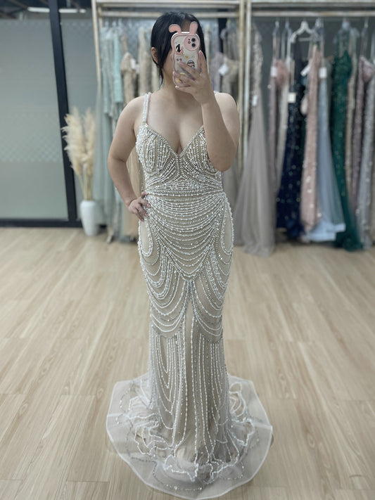White Beaded Spaghetti Strap Evening Dress Sequin Mermaid Prom Gown MY30128