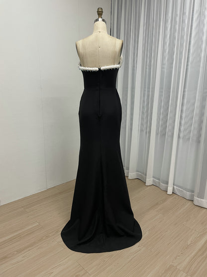 Black Feather Strapless Evening Dress Mermaid High Slit Formal Gown MY30129