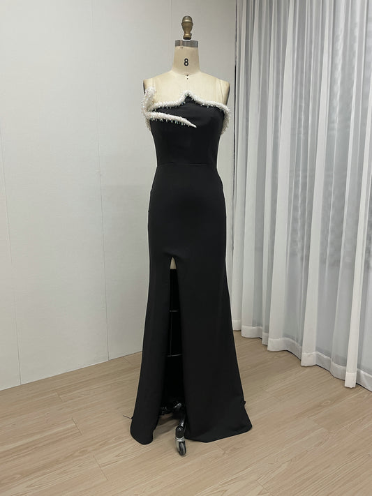 Black Feather Strapless Evening Dress Mermaid High Slit Formal Gown MY30129