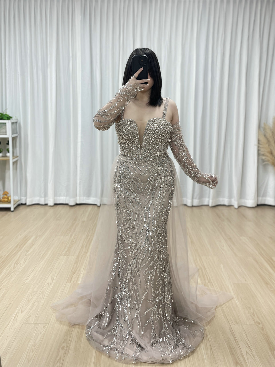 Pearl-Encrusted Mermaid Prom Dress with Detachable Tulle Overskirt & Matching Gauntlet Sleeves MY30130-2