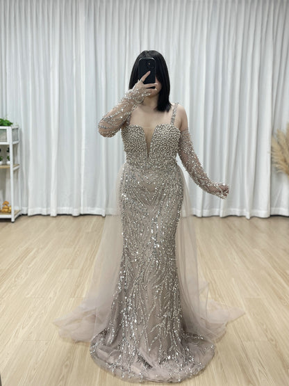 Pearl-Encrusted Mermaid Prom Dress with Detachable Tulle Overskirt & Matching Gauntlet Sleeves MY30130-2