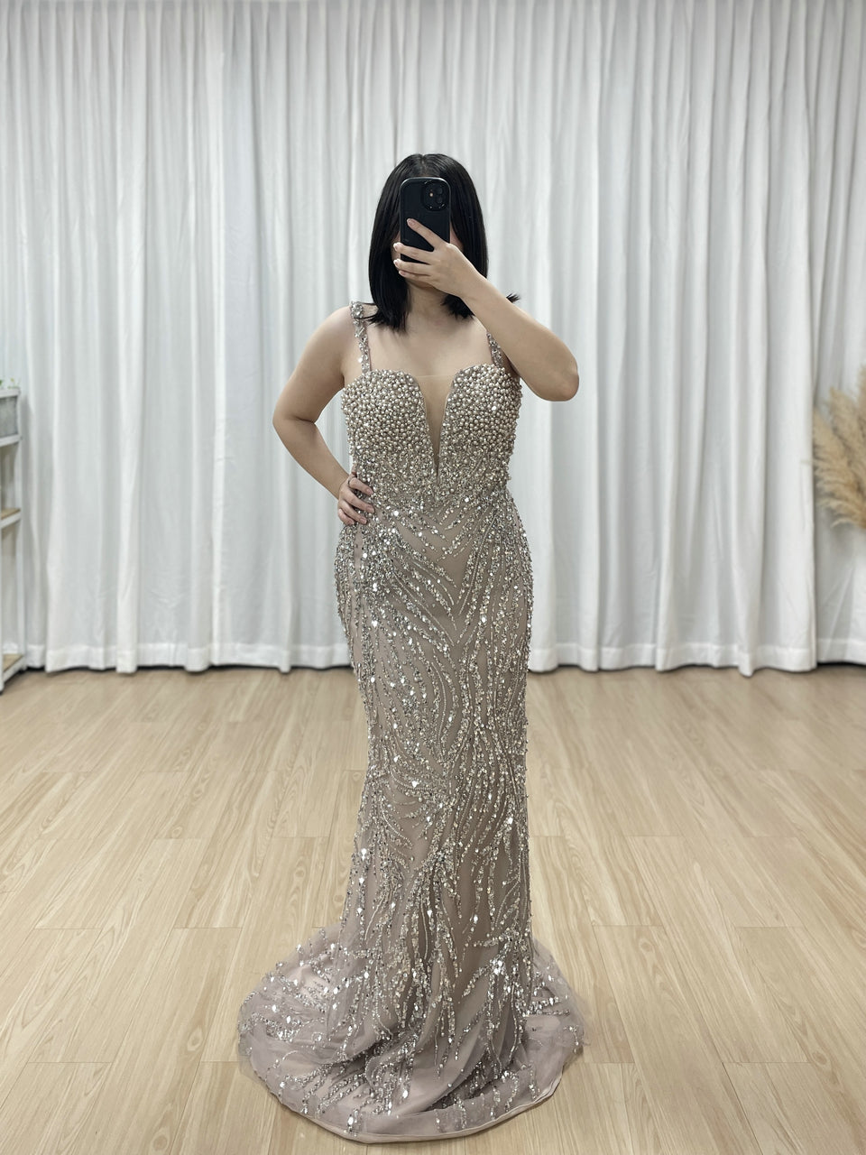 Pearl-Encrusted Mermaid Prom Dress with Detachable Tulle Overskirt & Matching Gauntlet Sleeves MY30130-2