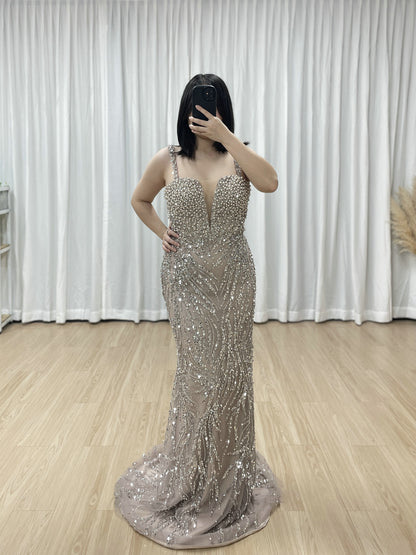 Pearl-Encrusted Mermaid Prom Dress with Detachable Tulle Overskirt & Matching Gauntlet Sleeves MY30130-2