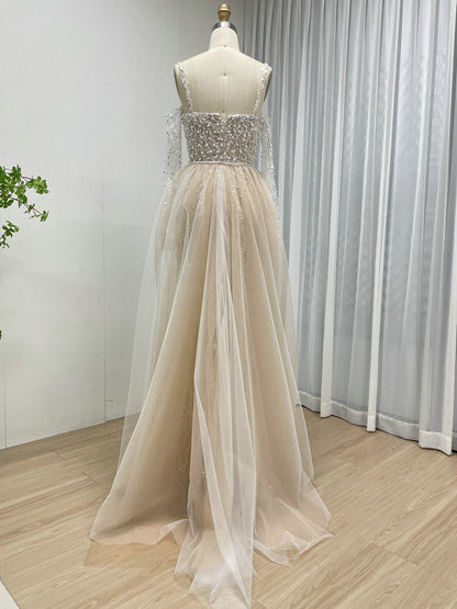 Pearl-Encrusted Mermaid Prom Dress with Detachable Tulle Overskirt & Matching Gauntlet Sleeves MY30130-2