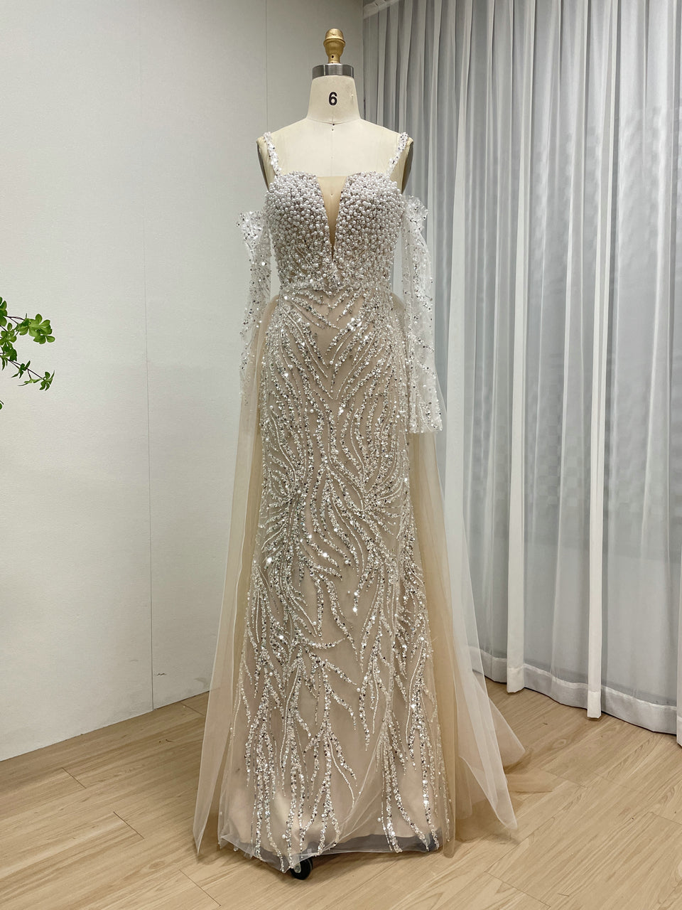 Pearl-Encrusted Mermaid Prom Dress with Detachable Tulle Overskirt & Matching Gauntlet Sleeves MY30130-2